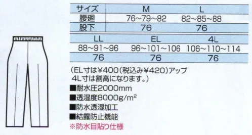 中塚被服 3100 防水防寒ズボン 寒冷地仕様＋防水。究極の防水透湿＋結露防止機能。結露防止や反射素材の採用など、細部にも注目。アクア・ホール内壁の親水性と表面凸凹で、結露に対応。激しいトレーニングで汗をかいた時、ウェア内側にたまる露と、結晶による「濡れ」「ベトつき」「冷え」を、業界トップのハイテクノロジーで解決。加えて保湿性もレベルアップして、待望のエクストラ・ドライ・ウォームを実現しました。裾は二重仕様で防水・防風性アップ。ドットボタンで裾口巾を調整できます。●耐水圧2000ミリ以上●透湿度8000グラム/平方メートル●防水透湿加工●結露防止機能 サイズ／スペック