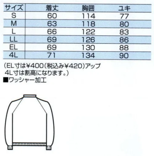 中塚被服 AT55 ブルゾン（男女共用） 軽い着心地のブルゾン。1、貴重品も安心して入れられる便利なファッスナー付胸ポケットです。2、内側にペン差しが付いており、なにかと便利に使えます。3、ゴムシャーリングカフスにより、手首に心地良くフィットします。 サイズ／スペック