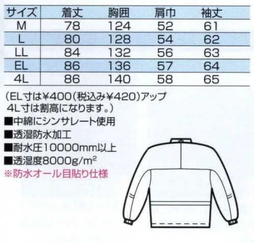 中塚被服 CJ1000 コート 寒冷地仕様＋防水。鮮やかなカラーが目を引く、スポーツ感覚の実力派防寒着。フラップ付の切替部にファスナー付ポケット。携帯電話収納ポケットは、内側のファスナー付ポケットで貴重品のもしっかりキープ。前立ては折り返しの浸水防止構造。袖口は、1/2で、マジックテープ付。ピッタリフィット。裾は、腰部にスリップ止めのゴム付き。スピンドルで絞り具合を調節。尾錠は、マジックテープ付でウエストサイズを手軽に調節。●中綿にシンサレート使用●透防湿加工●耐水圧10000ミリ以上●透湿度8000g/㎡※「3 ブルー」は、販売を終了致しました。 サイズ／スペック