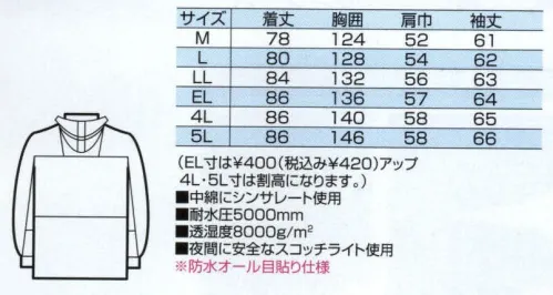 中塚被服 CJ1500 コート 寒冷地仕様＋防水。寒冷地での活動をサポートする防水仕様ウェア。反射テープ使用で夜間でも安心です。ファスナーで取り外しできるフードです。光が当たると反射するスコッチライトをパイピング使い。前立てから手を入れて出し入れ出来るスリット式の内ポケット。●中綿にシンサレート使用●耐水圧5000ミリ以上●透湿度8000グラム/平方メートル●夜間に安全なスコッチライト使用。※掲載写真は42番色イエローになります。 サイズ／スペック