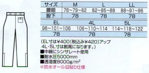 中塚被服 CJ1600 ウィンターパンツ 寒冷地仕様＋防水。寒冷地での活動をサポートする防水仕様ウェア。後ゴムのウエストは、サイドのマジックテープで手軽にサイズ調整が可能。内側の前2箇所、後1箇所にサスペンダー留め用のボタン付き。裾は、防水性の高い2重仕様、ファスナー開き、マジックテープで裾幅の調節が可能。●中綿にシンサレート使用●耐水圧5000ミリ以上●透湿度8000グラム/平方メートル サイズ／スペック