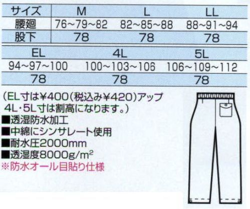 中塚被服 CJ2100 ウインターパンツ 寒冷地仕様＋防水。軽くて暖かなシンサレートを中綿に使用。マジックテープでウエストサイズを手軽に調節。裾は、防水性の高い、裾2重仕様。●透湿防水加工●中綿にシンサレート使用●耐水圧2000ミリ●透湿度8000グラム/平方メートル サイズ／スペック