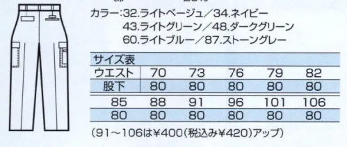 中塚被服 CJ320 カーゴチノパン ブルゾン同様、細部に3本のステッチを多彩に使用。カジュアルなアクセントをつけながら、より丈夫に、クオリティ高く仕上げました。プリーツ保持性に優れ、見た目も良好な素材は、心地よい風合いでありながら、強く破れにくく、シワになりにくく、縮みにくく、しかも帯電防止。ワンランク上のエクセレントチノシリーズ。 サイズ／スペック