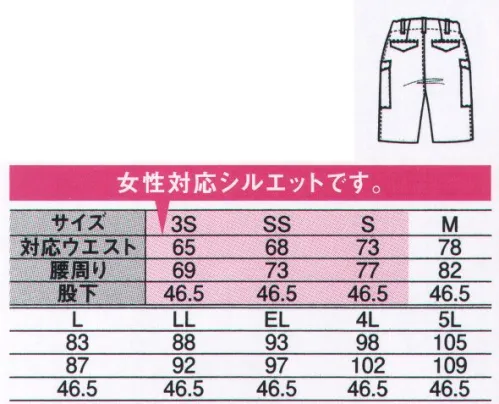 中塚被服 D5120S ショートカーゴパンツ ・伸縮性のある素材を使用しています。・洗濯後のシワや型くずれが少なくお手入れラクラク。・下着やインナーなどが表に透けるのを防ぎます。・太陽光を反射して衣服内の温度を低く保ちます。・紫外線をカットし肌の痛みや日焼けを防ぎます。・帯電防止素材を使用しています。・水分を早く吸収しして早く乾燥させる機能があります。※加工にお時間がかかる為、納期は事前にお問い合わせください。 サイズ／スペック