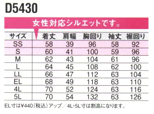 中塚被服 D5430 エンジニアサマージャケット ストレッチ性のある綿100％の生地を使ったdimoスタイルのソリッドジャケットボタンも表に出ない隠しドットボタン仕様、前ファスナーも上下から開閉できるWファスナー仕様など機能も充実。 表側に凹凸のないシンプルなデザインながら収納スペースを充実させた商品です。【特長】●バンジーコットンゆっくり伸びてゆっくり縮む、人によりそうコットン100％のストレッチ素材です。背中と腕部分が伸びるので作業に集中することが出来ます。●豊富なサイズ展開SSから5Lまで展開しており、全ての方にぴったりのサイズをお探しいただけます。●充実の収納ポケットファスナーポケットやペン差しなどの作業にうれしい収納が充実しています。天然素材のご注意・綿製品のため洗濯・乾燥機の使用で縮むことがあります。・色落ちしますので他の物と分けて洗濯してください。汗や雨で湿った状態、その他着用状況によって摩擦等により他の衣類等に着色する事がありますのでご注意ください。 サイズ／スペック