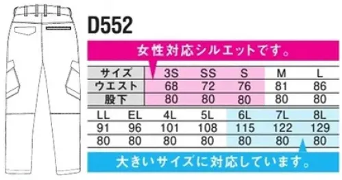 中塚被服 D552 カーゴパンツ 見た目もすっきりさせながら使いやすさも考慮したカーゴパンツ。上品な光沢とシルキーな風合いで穿き心地がよく、ストレッチ性があり、動きやすいパンツです。●大きいサイズ（6L～8L寸）対応商品※帯電防止「JIS T8118 適合商品」 サイズ／スペック