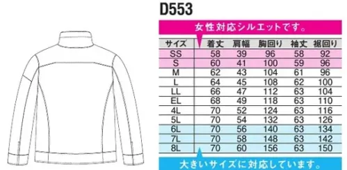 中塚被服 D553 エンジニアジャケット シンプルなデザインにファスナー等の突起物を隠し、商品等を傷つけない配慮や腕まわりの3Dパターン設計でストレスを軽減。上品な光沢とシルキーな風合いで穿き心地がよく、ストレッチ性があり、動きやすいパンツです。●大きいサイズ（6L～8L寸）対応商品※帯電防止「JIS T8118 適合商品」 サイズ／スペック