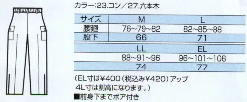 中塚被服 E6280S 防寒ズボン タウン派防寒着。ウエストは、ゴムシャーリングでフィット感を高め、自由な動きをサポートします。脇ポケットは、左右天ブタ付で物が落ちにくくマチ布が付いているので物を入れるのも楽です。ファスナーを開けば裾が広がり長靴などが楽に履けます。 サイズ／スペック