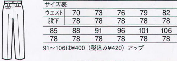 中塚被服 E8010 ツータックパンツ エコ強撚ポプリン素材に機能を満載。 素材は東レのエコ国内素材（グリーン購入対応商品）。 いやなパチパチを抑える帯電防止加工に、イージーケアでお手入れ簡単。触りごこちもソフトでシャリ感があり、通過性にも優れていて、汗ばむ季節もさわやか。汚れが落ちやすい防汚加工もプラス。 ウエストにはキーなどを着けておけるカラビナループがあり便利です。 エコ素材の新アイテム登場。 サイズ／スペック