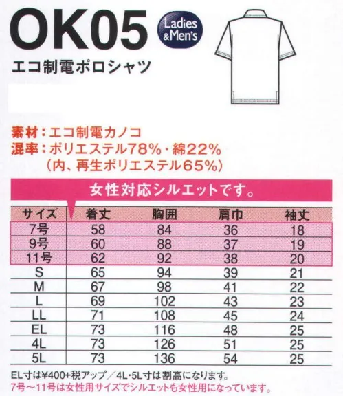 中塚被服 OK05 エコ制電ポロシャツ JIS T8118適合の帯電防止素材を使用。ボタンダウンと内側前立てのテーピングでさりげないおしゃれ感をアピール。オリジナルロゴマークもプリントを効かせて。※7号、9号、11号はサイズ、シルエットとも女性対応となっております。 サイズ／スペック