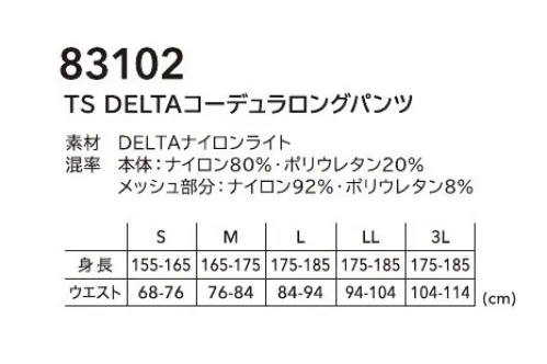 TS DESIGN 83102 TS DELTAコーデュラロングパンツ TS DELTAしなやかさ+強度TS DESIGN 独自開発素材DELTAナイロンライト。薄手コーデュラナイロン糸によるしなやかさと強度を併せ持つ。CORDURA®Advanced FabricsUNDERWEAR業界初のワーカー向けインナー「MUSCLE SUPPORT®｣に始まるインナーなど、あらゆるシーンにおいて身体にフィットするデザインと機能を有した様々なアイテムたちがワーカーの肉体をサポートする。Feature・薄手ながらコーデュラナイロン糸による強度と接触冷感性、しなやかさが特徴の夏インナー・UVカット率約98％ サイズ／スペック