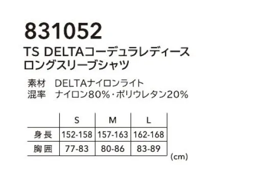 TS DESIGN 831052 TS DELTAコーデュラレディースロングスリーブシャツ TS DELTAしなやかさ+強度TS DESIGN 独自開発素材DELTAナイロンライト。薄手コーデュラナイロン糸によるしなやかさと強度を併せ持つ。CORDURA®Advanced FabricsUNDERWEAR業界初のワーカー向けインナー「MUSCLE SUPPORT®｣に始まるインナーなど、あらゆるシーンにおいて身体にフィットするデザインと機能を有した様々なアイテムたちがワーカーの肉体をサポートする。Feature・薄手ながらコーデュラナイロン糸による強度と接触冷感性、しなやかさが特徴の夏インナー・UVカット率約98％・マルチスリーブポケット付 サイズ／スペック