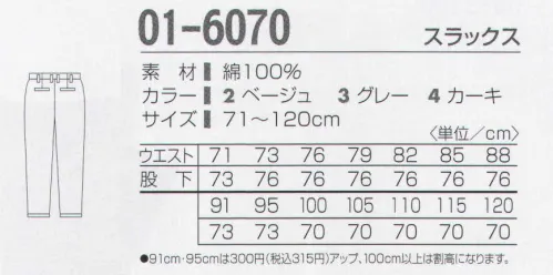 タカヤ商事 01-6070 スラックス 吸汗性・さわやかさ抜群。ユニフォームの原点。機能性と安全性にすぐれ、洗濯も容易で耐久性抜群のユニフォーム。あなたの日常のワークシーンを快適にサポートします。 サイズ／スペック