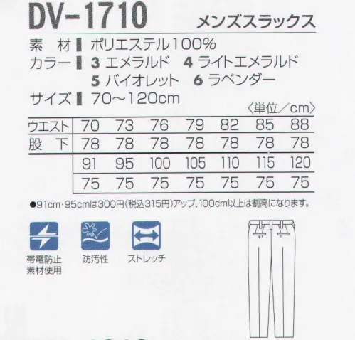 タカヤ商事 DV-1710 メンズスラックス 個性的でありながら統一感も忘れない。同色で揃えたりグラデーションを楽しんだり。一人ひとりの個性を大切にしながら企業イメージの統一も図れます。新しいタイプの二重織素材を使用し美しい色合いとソフトな肌触りに加え、防汚性やストレッチ性も兼ね備えたユニフォームです。 サイズ／スペック