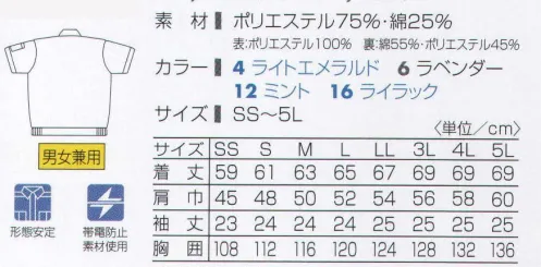 タカヤ商事 DV-S501 サマー半袖ブルゾン ※「4ライトエメラルド」「12ミント」「16ライラック」は販売終了致しました。【D-PIT】優しい色彩と爽やかな着用感。サラッとした風合いが自慢の裏綿トロピカル素材に形態安定加工を施しました。裏面は綿混紡だから吸汗性も抜群。夏のワークシーンを快適にサポートする作業着です。 サイズ／スペック