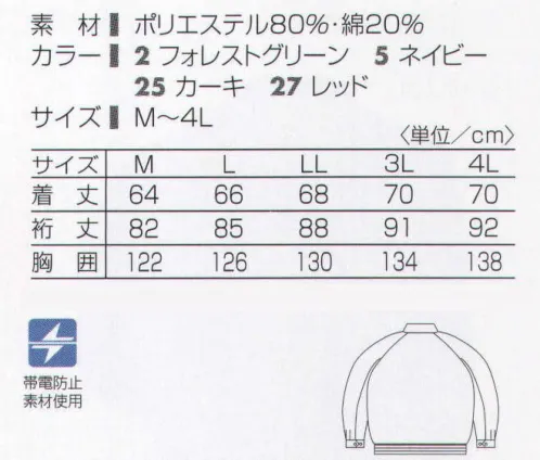 タカヤ商事 DV-S515 ブルゾン（総裏付） トラッドテイストはブルゾンによってオシャレ度アップ。どこか懐かしいキュートで印象的なブルゾン。カジュアルジャケットのイメージはそのままに、ユニフォームとして重要な耐久性、イージーケア性、制電性に優れた高級感のある交織ツイルを使用しています。※「25 カーキ」、「27 レッド」は、販売を終了致しました。 サイズ／スペック