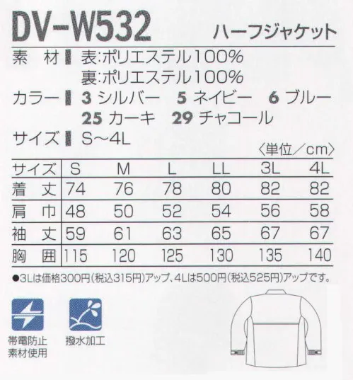 タカヤ商事 DV-W532 ハーフジャケット 高精度の静電気防止素材を使用した「ドーデン」。高い除電能力が冬等の低温度下の環境でも摩擦による帯電を抑制し、繊維上の静電気を取り除きます。衣類のまとわりつきはもちろん、顔や髪にホコリ・花粉を寄せ付けにくく、人体の電気バランスを保ち、健康で快適な作業環境をサポートします。 サイズ／スペック