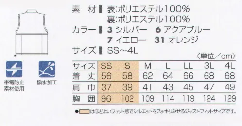 タカヤ商事 DV-W542 ドーデンリップベスト 静電気防止素材で花粉やホコリをヤットアウト！一目を引き付ける爽やかなビビッドカラー．総裏メッシュ仕様でオールシーズン活躍するアウターです。高精度の静電気防止素材を使用した「ドーデン」。高い除電能力が冬等の低温度下の環境でも摩擦による帯電を抑制し、繊維上の静電気を取り除きます。衣類のまとわりつきはもちろん、顔や髪にホコリ、花粉を寄せ付けにくく、人体の電気バランスを保ち、健康で快適な作業環境をサポートします。 サイズ／スペック