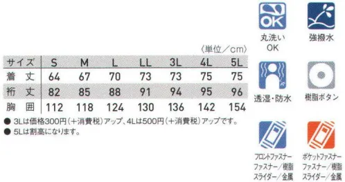 タカヤ商事 GR-8060 防水防寒ブルゾン 高い透湿防水性を備えつつ、丸洗いニーズにも対応。軽さと保温性にこだわった丸洗いできる防水防寒。耐水圧5000mm/H2O以上、透湿5000g/㎡/24hr以上の本格透湿防寒ウェア。外からの雨風をシャットアウトしつつ、体から発散された湿気は素早く放出することで、快適なワークシーンをサポート。ドビーPUコーティング素材に3M社の高性能保温中綿“シンサレートTM”を使用した本格派防水防寒。家庭洗濯ができるように独自の実用新案設計を施したウォッシャブルモデルです。(実用新案登録 第3056124号)●中綿シンサレート。羽毛の先とほぼ同じ太さのマイクロファイバーと強度を保つためのポリエステルファイバーで構成され、複雑に絡み合った微細な繊維の間に空気を封じ込めることで薄くても優れた断熱性を発揮します。【透湿性】身体から発生する湿気や水分を放出するので、衣服内をいつも快適な状態に保ちます。【防水性】素材表面から水分が浸透するのを防ぎます。優れた防水性で身体を守ります。【洗濯性】ご家庭で簡単に丸洗いができます。(※縮む恐れがありますので乾燥機の使用はお避け下さい) サイズ／スペック