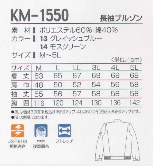 タカヤ商事 KM-1550 長袖ブルゾン 危険な作業も安全に。一部改正された労働安全衛生規則の静電気による爆発・火災の防止対策にも対応した、高制電・快適ウエア！軽量・快適・エアレイヤー。中空素材のポリエステル短繊維をコットンで包み込んだ複重層糸採用の新素材を採用。柔らかなコットンの感触そのままに、軽量感・吸湿性があり、抗ピル性、縮率安定性に優れています。 サイズ／スペック