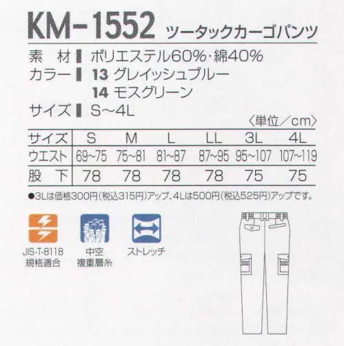 タカヤ商事 KM-1552 ツータックカーゴパンツ 危険な作業も安全に。一部改正された労働安全衛生規則の静電気による爆発・火災の防止対策にも対応した、高制電・快適ウエア！軽量・快適・エアレイヤー。中空素材のポリエステル短繊維をコットンで包み込んだ複重層糸採用の新素材を採用。柔らかなコットンの感触そのままに、軽量感・吸湿性があり、抗ピル性、縮率安定性に優れています。 サイズ／スペック