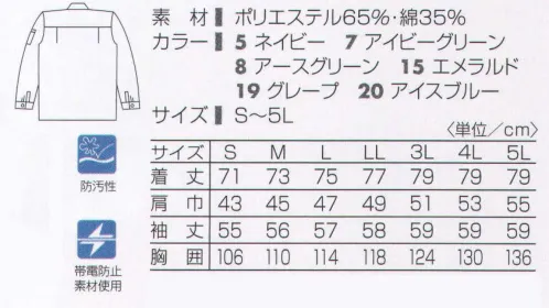 タカヤ商事 TF-0852 長袖シャツ 【YOGORENZOU】頑固な油汚れにも優れた機能を発揮する“よごれんぞう”。撥水撥油性能に優れた機能素材「よごれんぞう」。その優れた防汚性は洗濯を繰り返しても変わることなく持続し、常に爽やかな着心地をお約束します。企業の効率アップをさわやかな「よごれんぞう」で。ハードな作業環境は、同時に汚れやすい環境でもあります。しかし、汗や油で汚れたユニフォームでは、ワーカーの意欲が湧かないばかりか、社外的にも企業のイメージダウンにもつながりかねません。そこで「よごれんぞう」！汚れが付きにくく、付いても落ちやすい、効果が長持ちする、という帝人ファイバーのダストップ加工を施したユニフォームです。※「19 グレープ」は、販売を終了致しました。 サイズ／スペック