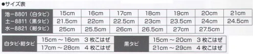 氏原 8801-A 白足袋 池印 ※他サイズは「8801-B」、「8802」に掲載しております。※この商品はご注文後のキャンセル、返品及び交換は出来ませんのでご注意下さい。※なお、この商品のお支払方法は、先振込（代金引換以外）にて承り、ご入金確認後の手配となります。 サイズ／スペック