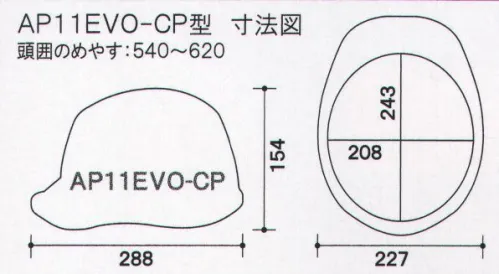 ワールドマスト　ヘルメット AP11EVO-CP AP11EVO-CP型 ヘルメット（通気孔なしタイプ） DIC AP11EVO-CP型（AP11-C型HA6E2-A11式）重量/395g●製品仕様●・飛来落下物・堕落時保護・電気用・パット付・ラチェット式最上級を超える進化へ最先端の革新的な技術を惜しみなく投入し、DIC HELMET史上最強のシリーズがさらに進化。あらゆるシーンで最高のパフォーマンスを発揮。■すべてが新発想の快適新内装システム・上下に調節可能な可変式アジャスタは、より快適なサポート位置で確実なホールド感を得られます。・可変式アジャスターにロック機能を新搭載。快適な位置に固定することによりホールド感・安定感が向上。（特許出願中）■より快適な被り心地新構造ハンモックを採用■独自の開発技術で、大幅な軽量化シールド機構を全面刷新、帽体も肉厚などを徹底的に見直し、強度を落とすことなく大幅な軽量化を実現しました。※この商品はご注文後のキャンセル、返品及び交換は出来ませんのでご注意下さい。※なお、この商品のお支払方法は、先振込（代金引換以外）にて承り、ご入金確認後の手配となります。 サイズ／スペック