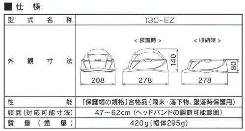 ワールドマスト　ヘルメット ST-130 ST#130 携帯ヘルメット(収納袋付き) 出張や現場間の移動時に最適！くるっと回してカバンの中に。タニザワ回すだけの簡単組み立て。帽体トップ部を回転させると組み立て完成。被り心地の良い本格派フレキシブルヘッドバンド。ヘッドバンドを下げることで安定した被り心地を実現。ワイドなサイズ調整機能。新開発。留め位置を変えることで調整範囲を拡大。組み立て方1.ヘッドバンドを下げてください。2.前方のフチを押し、回転させてください。3.カチッと鳴るまで回転させて完成です。折りたたみ方1.後方レバーを引き上部を回転させます。2.カチッとなるまで回転させてください。3.ヘッドバンドを上げ収納します。「保護帽の規格」合格品(飛来・落下物、墜落時保護用)特許出願中※この商品はご注文後のキャンセル、返品及び交換は出来ませんのでご注意下さい。※なお、この商品のお支払方法は、先振込（代金引換以外）にて承り、ご入金確認後の手配となります。 サイズ／スペック