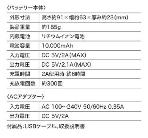 ジーベック 100 モバイルバッテリーセット 背中と腰、両方暖か！冬の注目度No.1ヒーター系商品。特に暖かさを感じるインナーとしての着用がメインになっています。発熱箇所は背中と腰の2か所。価格帯も手ごろになってさらに手軽に着用いただけます。【内容品】・バッテリー本体・ACアダプター・USBケーブル・取扱説明書>※この商品はご注文後のキャンセル、返品及び交換は出来ませんのでご注意下さい。※なお、この商品のお支払方法は、先振込（代金引換以外）にて承り、ご入金確認後の手配となります。 サイズ／スペック