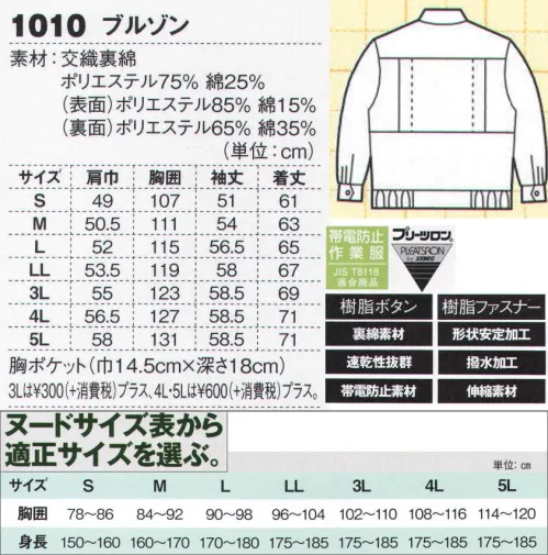 ジーベック 1010 ブルゾン 裏綿仕様のロングセラー、JIS規格合格の帯電防止作業服。裏綿素材を使ったJIS規格適合の帯電防止作業服。暖かな裏綿素材に撥水加工を加えて、雨や水をはじき、形状安定加工よりシワになりにくく、繰り返しの洗濯にも強く、「裏綿仕様の帯電防止作業服」としてロングセラーを続けています。胸のインナーポケットですっきりデザインに。1000と同じ機能を持つブルゾン。衿スタイルと胸ポケットにデザイン的な違いがあり、インナーポケット採用でよりシンプルさが際立っています。※【サイズ変更】現サイズの在庫が無くなり次第、現サイズから肩巾-2cm、袖丈+1cmに変更となります。 サイズ／スペック