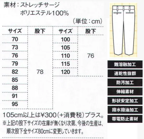 ジーベック 1220 スラックス 水にも汚れにも、火熱にも強いポリエステル100％のストレッチサージに、火熱に強い難溶融加工、抗菌防臭加工、形態安定加工などを施した多機能ワークウェアは、工業製品や、製品加工などの職場で多く利用されています。ブルゾンは、デザインの異なる2タイプをラインナップ。ワンタックデザインですっきりシルエット。ウエストまわりをスッキリまとめたワンタックスラックス。ブルゾンと同じく多機能加工が施された素材を使用しています。※「78 ローズ」は、販売を終了致しました。 サイズ／スペック