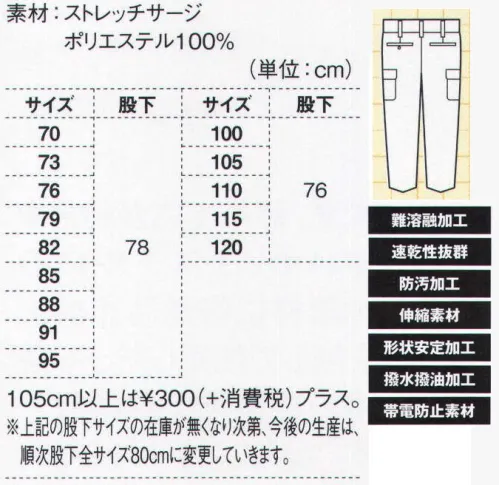 ジーベック 1230 ラットズボン 水にも汚れにも、火熱にも強いポリエステル100％のストレッチサージに、火熱に強い難溶融加工、抗菌防臭加工、形態安定加工などを施した多機能ワークウェアは、工業製品や、製品加工などの職場で多く利用されています。ブルゾンは、デザインの異なる2タイプをラインナップ。現場での収納力をアップする便利なラットポケット付き。ワンタックスタイルの両サイドに便利なラットポケットが付いたバージョン。業務内容に応じて、現場でのポケット収納力をアップ。※「78 ローズ」は、販売を終了致しました。 サイズ／スペック