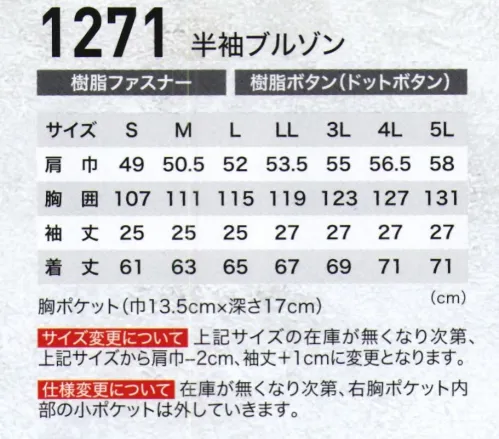 ジーベック 1271 半袖ブルゾン 厳選された上質の”ハイブリッド・コットン”を使用。しなやかで光沢があり、自然でソフトな風合いです。 サイズ／スペック