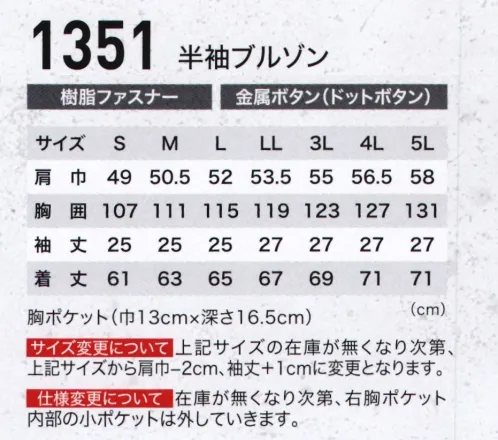 ジーベック 1351 半袖ブルゾン ストレッチ素材とスムーズアップ機能でツッパリ感がなく、動きやすい快適作業服。 サイズ／スペック