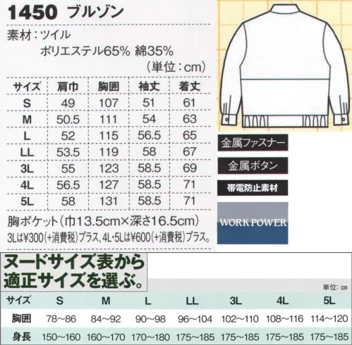 ジーベック 1450 ブルゾン タフな現場で人気軽くて丈夫なT/Cツイルの素材特性を活かし、タフでハードな現場で高い人気を誇る「ワークパワー」シリーズのロングセラー。ブルゾン・シャツ・ラットズボンの全てに配したファスナー付きのポケットも高い評価を得ています。ハードな現場に対応する人気のロングセラー。軽くて丈夫なT/Cツイル素材に左右の大きな胸ポケット。無地カラーのシンプルなデザインに、左胸ポケットに配したファスナーポケットが使い勝手の良いユーティリティとデザインとしての存在感を示しています。※【サイズ変更】現サイズの在庫が無くなり次第、現サイズから肩巾-2cm、袖丈+1cmに変更となります。 サイズ／スペック