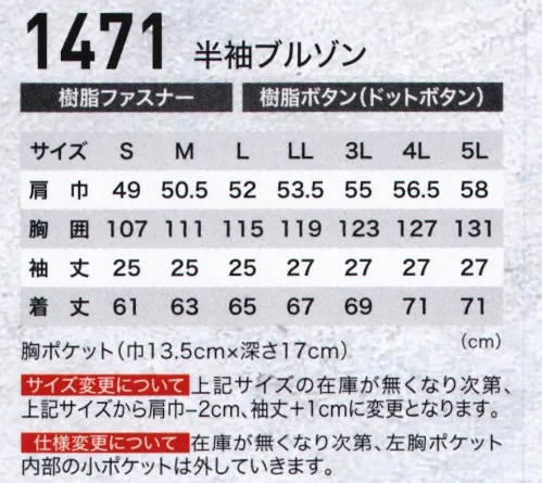 ジーベック 1471 半袖ブルゾン 快適さと高品質が最大の魅力のワークウエア。デザイン・着易さ・機能・価格すべてがパワーアップした新定番登場。 サイズ／スペック