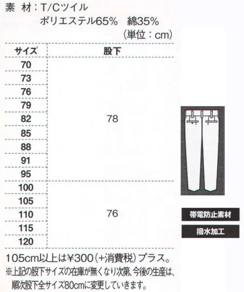 ジーベック 1482 スラックス 高品質＆低価格丈夫でしなやかなT/Cツイル素材に、撥水加工とともに立体裁断で肩・腕のスムーズな動きを実現。高品質＆低価格でハードな現場にも人気の高いシリーズに、新機能ポケット付きですっきりシルエットの女性用ノータックスラックスと女子ブルゾンが新登場！！ワンタックデザインですっきりシルエット。激しい動きにもゆとりを持ちつつ、必要以上のバタつきを抑え、シャープなラインにまとめたワンタックスラックス。丈夫なT/Cツイル素材に、撥水加工を施し、帯電防止機能も併せ持ち、幅広い職場に対応できます。 サイズ／スペック