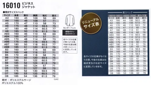 ジーベック 16010-A ビジネスジャケット（A体） 高い機能性を持つ万能型スーツ動きやすさと着心地の立体裁断。コンの万能スーツ。軽量でストレッチ性のあるポリエステルサージを立体裁断し、ビジネススーツとしての動きやすさを実現、さらに色褪せしにくい高耐光加工、水や汚れに強い撥水撥油加工も施して、スタンダードデザインの中に高い機能性を持つ万能型の「コン」スーツに仕上げています。※この商品の旧品番は16010-1、16010-2になります。 サイズ／スペック