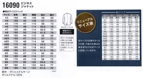 ジーベック 16090-A ブラックジャケット(A体) フォーマルなシーンにも対応できるブラックスーツビジネスシーンのマスト・カラーがコンならば、安心感をもたらすスタンダードデザインで、よりフォーマルさが求められるシーンにも対応できるのが「ブラック」。コンとともにマストアイテムとして持ち合わせるのがベスト。シックに着こなすクロの多機能スーツストレッチ性の高いポリエステルサージを立体裁断した動きやすさと、高耐光加工や、撥水撥油加工、難溶融加工などの多機能をまとったシックな「クロ」スーツが活躍の舞台を広げます。※この商品の旧品番は16090になります。 サイズ／スペック