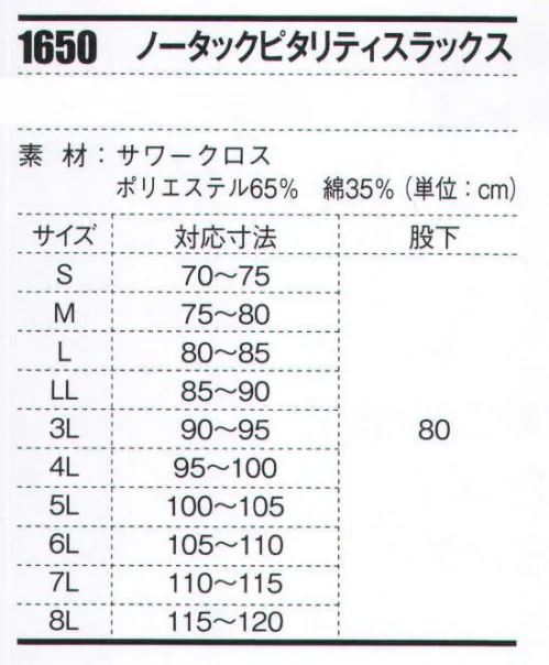 ジーベック 1650 ノータックピタリティスラックス 「1654series」 すっきりシルエットで作業がしやすいノータック！スラックスは作業がしやすく、すっきりはけるノータック仕様。NEWピタリティウエストゴム仕様で、見た目はすっきり、しかも屈伸時の窮屈間を軽減。後ろポケットは安心なファスナー付き仕様。シルバーグレーには透けにくい裏地付き。フロントファスナーは丈夫な金属ファスナーを使用。●新機能、新開発が満載！●ジーベックの「XEBEC（ジーベック）」1654トリプルファイブシリーズは、逆立ちしてもポケットの中身が落ちない新機能で、上着のポケットにはすべてファスナーをつけることで、安心感を出した。新開発のニュープリツロンとともに、パンツのウエストには「ピタリティ」を採用することで、動作がしやすく、着心地の良さを追求した。 展示会ではこの春夏商戦で価格を据え置いた安心感と在庫フォローの安心感、売れる新商品の発売をアピールする。 サイズ／スペック
