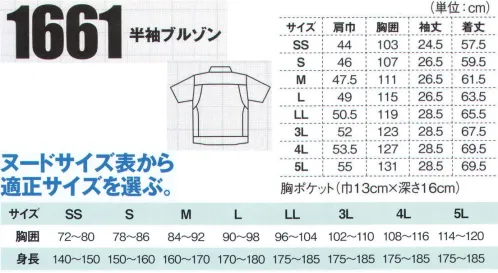 ジーベック 1661 半袖ブルゾン 「1664series」 使い易さとスポーティなデザインを追及した機能満載のワークウエア。快適さと高品質が最大の魅力。 サイズ／スペック