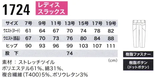 ジーベック 1724 レディス スラックス ■形状特徴・ウエストストレッチベルトでラクラク・後ろ後ピスポケットは長財布も入る深さ・右脇胸ポケットコインポケット付き・フロント前中心は丈夫な3YGファスナー サイズ／スペック