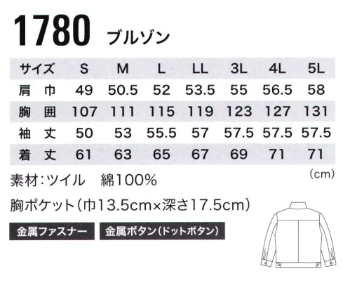 ジーベック 1780 長袖ブルゾン しなやかにスタイリッシュ土木・建築や運送など、秋冬のハードな現場に向けた綿100％厚手ツイル生地のベーシックなワークウェアにバイオウォッシュ加工を施して着慣れた風合いに仕上げ、しなやかでスタイリッシュな風格のワークウェアに。着慣れた風合いが似合うシンプルな力強さ。バイオウォッシュ加工により着慣れた風合いに仕上げた力強いデザインのブルゾン。左右の大きな胸ポケットやサイドポケットのほか、右胸のマルチポケットや左袖のペン差しと、収納力の高さも魅力です。●立体裁断の採用によって肩・腕の動きがスムーズです。●大きくてプリーツにも付いた胸ポケットはたっぷりの収納力。●左袖には作業の邪魔にならない便利なペン差しが付いています。●オリジナル金属ボタンとステッチには太番手の糸を使用。●右胸にループ付きマルチポケット（ストラップは付いていません）。●立体裁断で動きやすいNEWバンザイカットの採用で作業性も大きくアップ。※ネーム・ラベル等のデザインが順次新デザインへ変更となります。※【サイズ変更】現サイズの在庫が無くなり次第、現サイズから肩巾-2cm、袖丈+1cmに変更となります。※【仕様変更】在庫が無くなり次第、左胸ポケット内部の小ポケットは外していきます。 サイズ／スペック