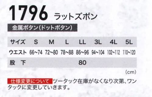 ジーベック 1796 ラットズボン 土木・建築や運送など、ハードな現場に向けた綿100％のベーシックなデザインのワークウェアにバイオウォッシュ加工を施して着慣れた風合いに仕上げたスタイリッシュなワークウェアです。便利なラットポケット付き。王道のツータックデザイン。激しい動きにもゆとりのあるツータックデザインに、現場での収納力をアップするラットポケット付き。ウエストシャーリング(脇ゴム仕様)で、シルエットを守りつつ、屈伸時のお腹周りの窮屈感が軽減します。※ネーム・ラベル等のデザインが順次新デザインへ変更となります。 サイズ／スペック
