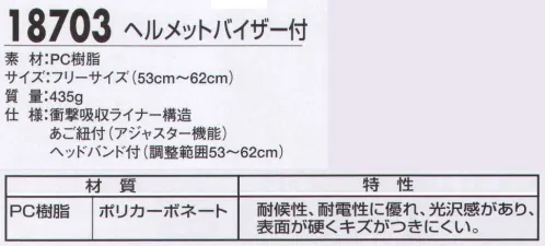 ジーベック 18703 ヘルメットバイサー付 落下物や飛来物などや、高所からの墜落による危険を防止・軽減するとともに頭部感電の危険性も防止します。作業現場に欠かせないヘルメットで頭部のサポート。 サイズ／スペック