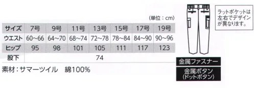 ジーベック 2019 レディスラットズボン ハードな現場や火に強い綿100％の新定番。レディスラインも新登場してあらゆる職場に付属は全て丈夫な金属製。ボタンは隠し仕様で物を傷つけにくく、火を扱う現場にも対応。ファスナーポケットや逆玉縁ポケットなど収納もたっぷりです。●ラットズボンは右にファスナーポケット付き。●フロントファスナーは丈夫なYKK 3YGファスナーを使用。 サイズ／スペック