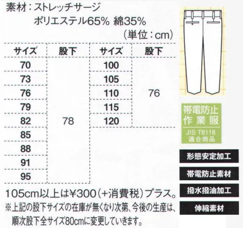 ジーベック 2120 スラックス ストレッチ素材+撥水・形態安定加工伸縮性に優れたストレッチサージを使用し、形態安定加工に撥水撥油加工を加えて、油や汚れに強いお手入れ簡単作業服。汚れに強く伸縮性に優れるとともに、帯電防止作業服でもある、土木・建築や運送、工場と幅広い職場に対応します。JIS規格の帯電防止対応ワンタックスラックス。激しい動きにもゆとりを持ちつつ、必要以上のバタつきを抑え、すっきりシルエットにまとめたワンタックスラックス。ブルゾンと同じ4色展開です。 サイズ／スペック