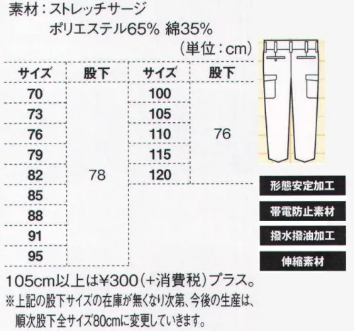 ジーベック 2130 ラットズボン ストレッチ素材+撥水・形態安定加工伸縮性に優れたストレッチサージを使用し、形態安定加工に撥水撥油加工を加えて、油や汚れに強いお手入れ簡単作業服。汚れに強く伸縮性に優れるとともに、帯電防止作業服でもある、土木・建築や運送、工場と幅広い職場に対応します。現場での収納力をアップする便利なラットポケット付き。両サイドにラットポケットが付いたバージョン。っ業務内容に応じてポケットの収納力をアップ。 サイズ／スペック