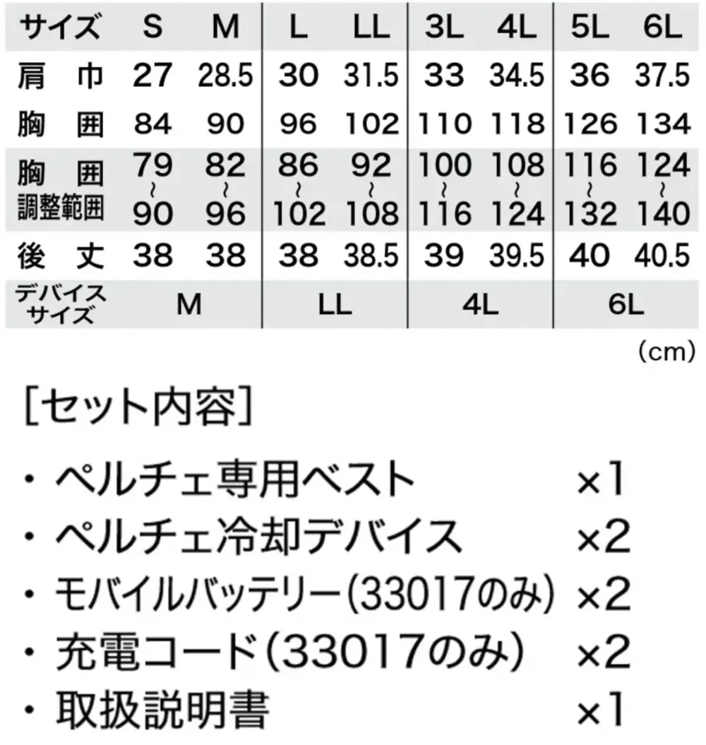 ジーベック 33017 ペルチェデバイスセット（バッテリー付き） サイズ・スペック